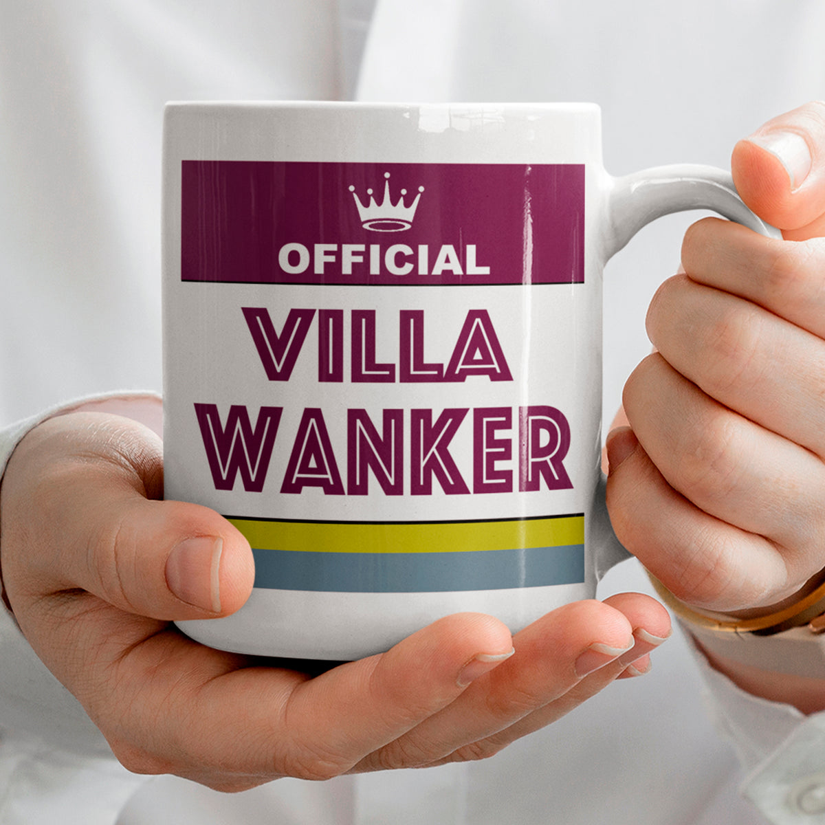 Close-up of claret and blue Aston Villa style football Rival mugs for fans and friends