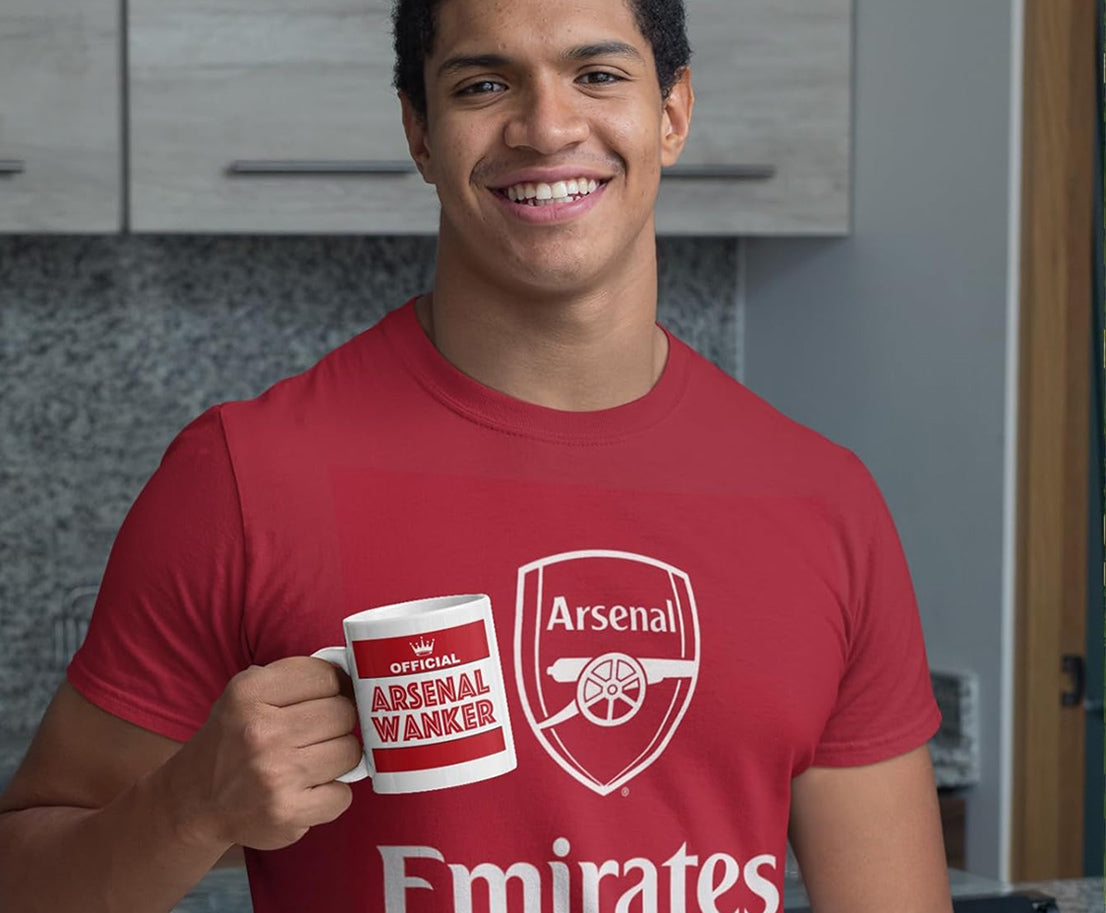 Overhead photo of Arsenal themed football mug styled as a gift for fans and friends