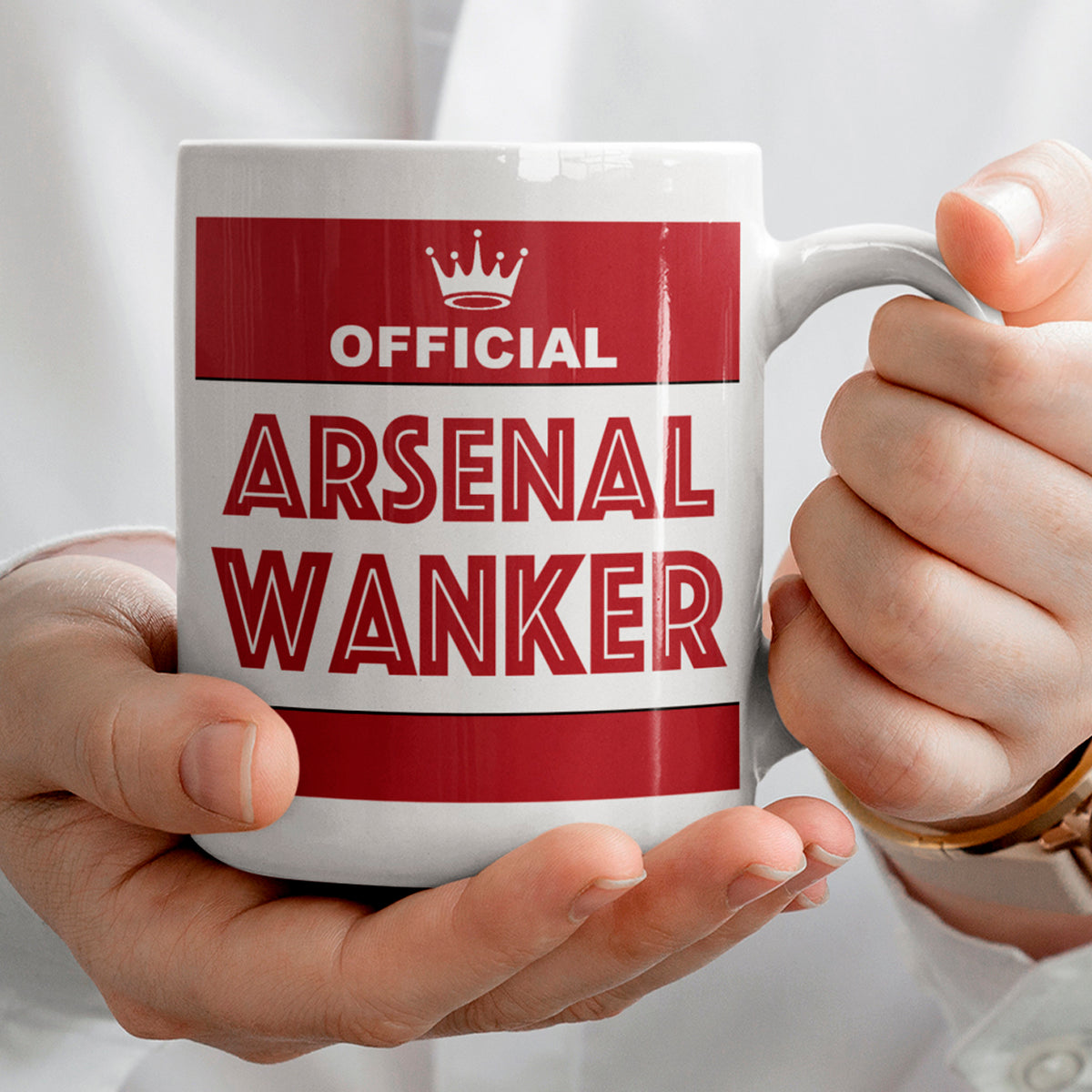 Front view of Arsenal football rival mug with novelty teabag gift