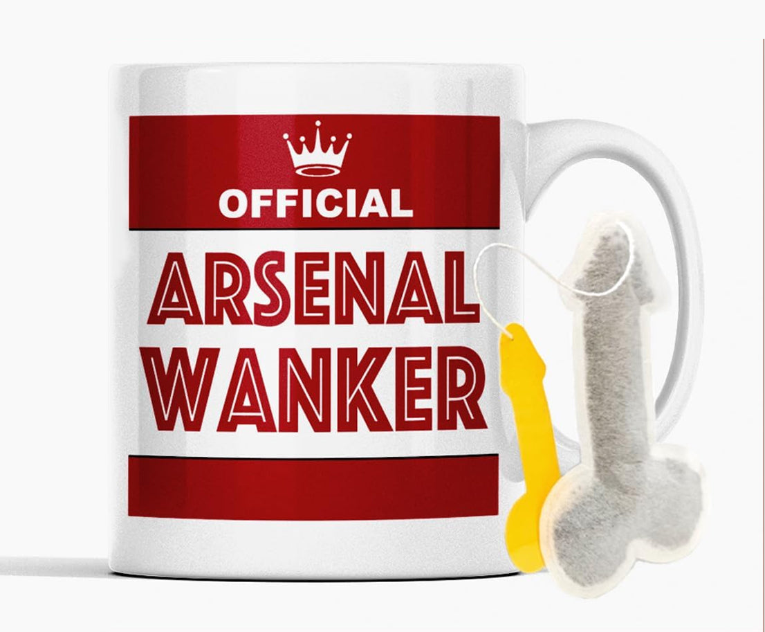Front view of red football rivalry mug inspired by Arsenal supporters with novelty teabag gift