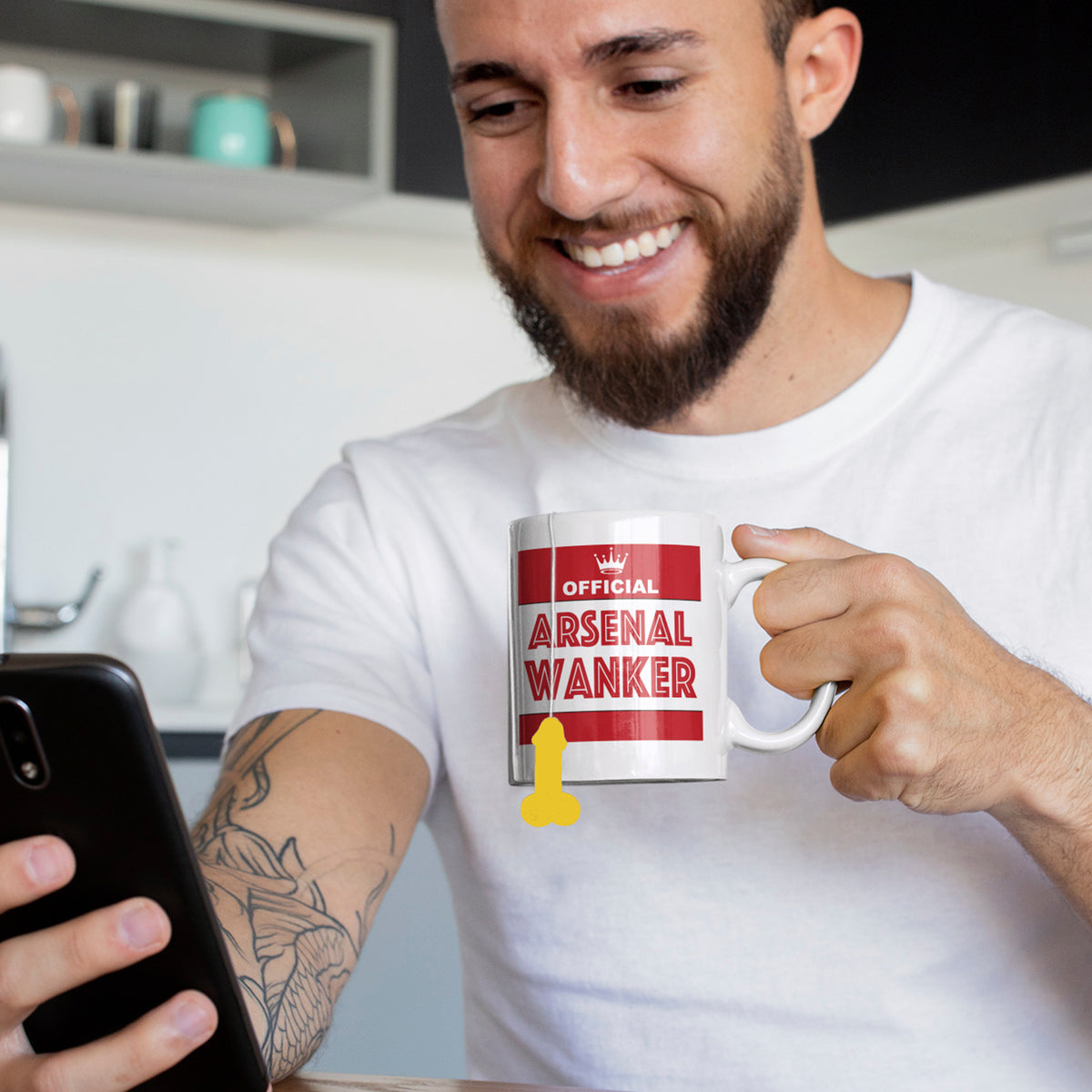 Close-up of Arsenal football rivalry mug designed for fans and banter gifts