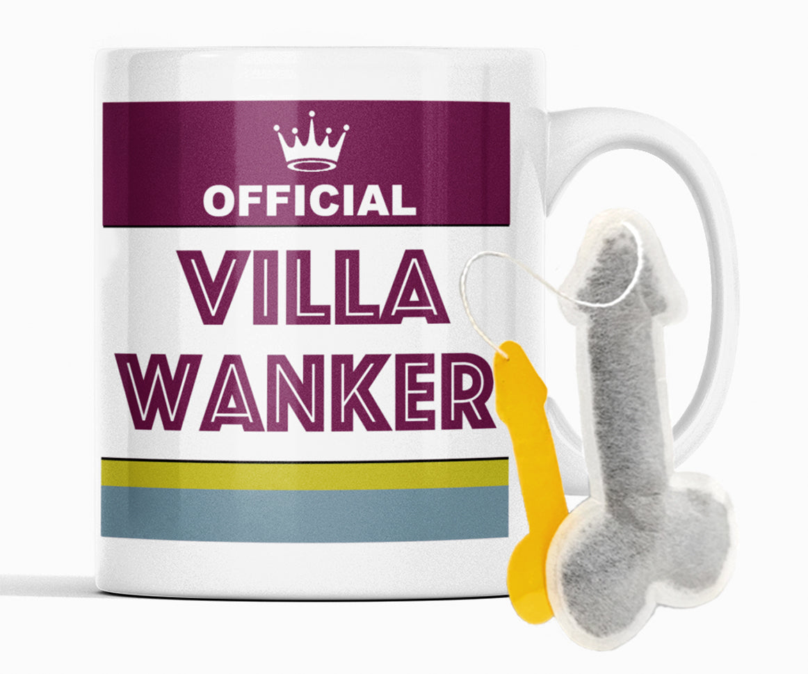 Front view of claret and blue Aston Villa themed football mug with novelty teabag gift