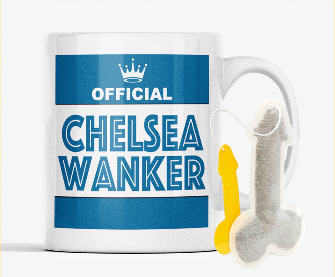 Front view of blue Chelsea themed football mug with novelty teabag gift