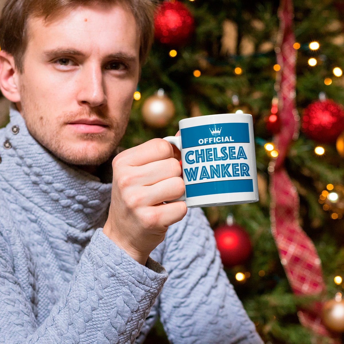 Football Secret Santa Chelsea style football mug designed as a fun Christmas footy gift
