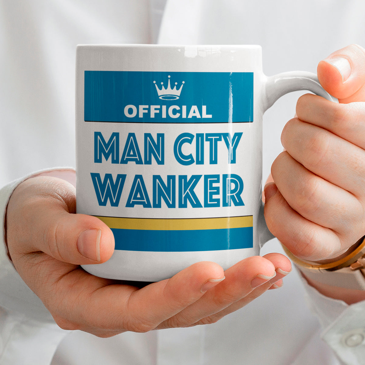 Manchester City themed football mug perfect for joke banter and gifts for Cityzens supporters