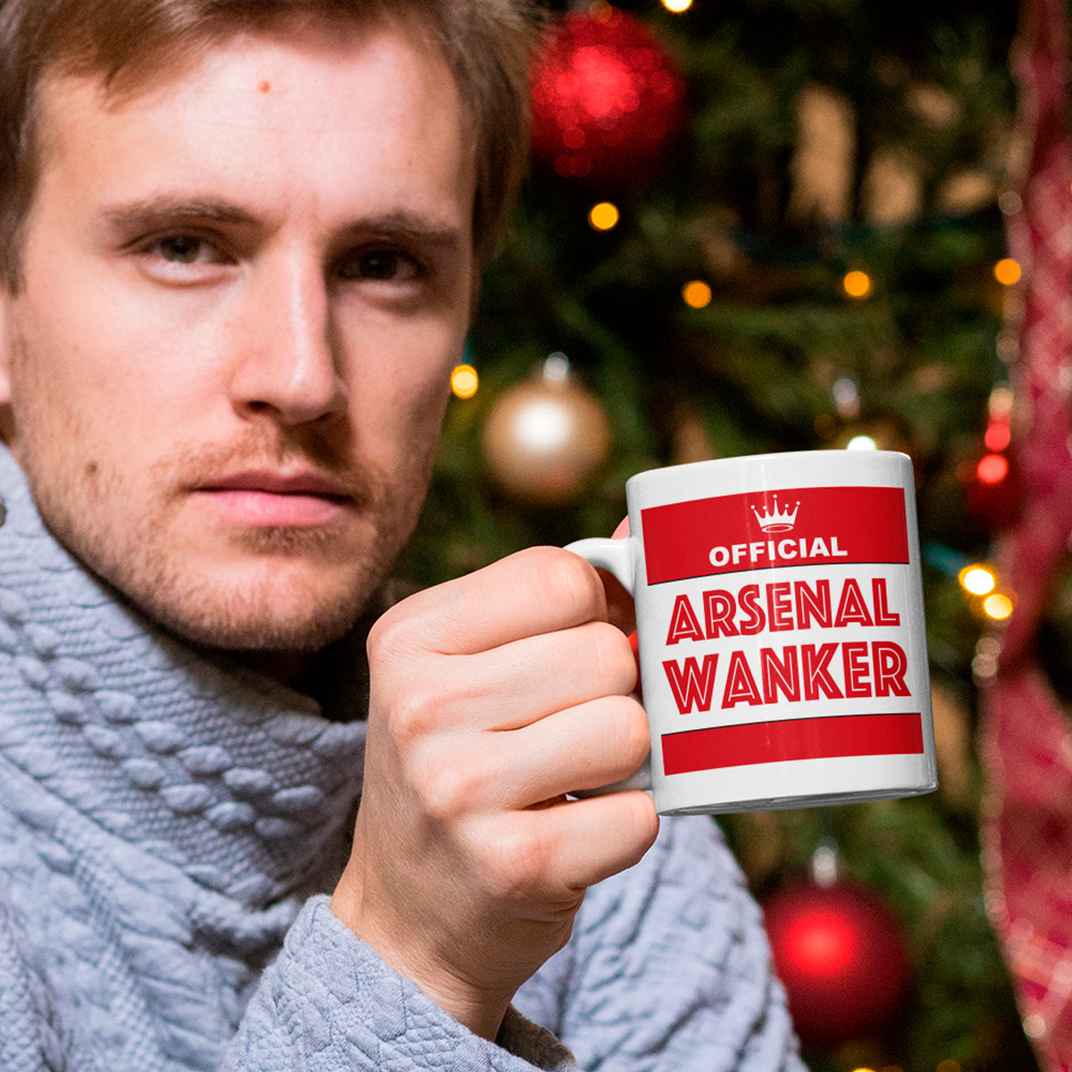 Person holding Arsenal themed football mug – funny gift for office - secret santa christmas gift