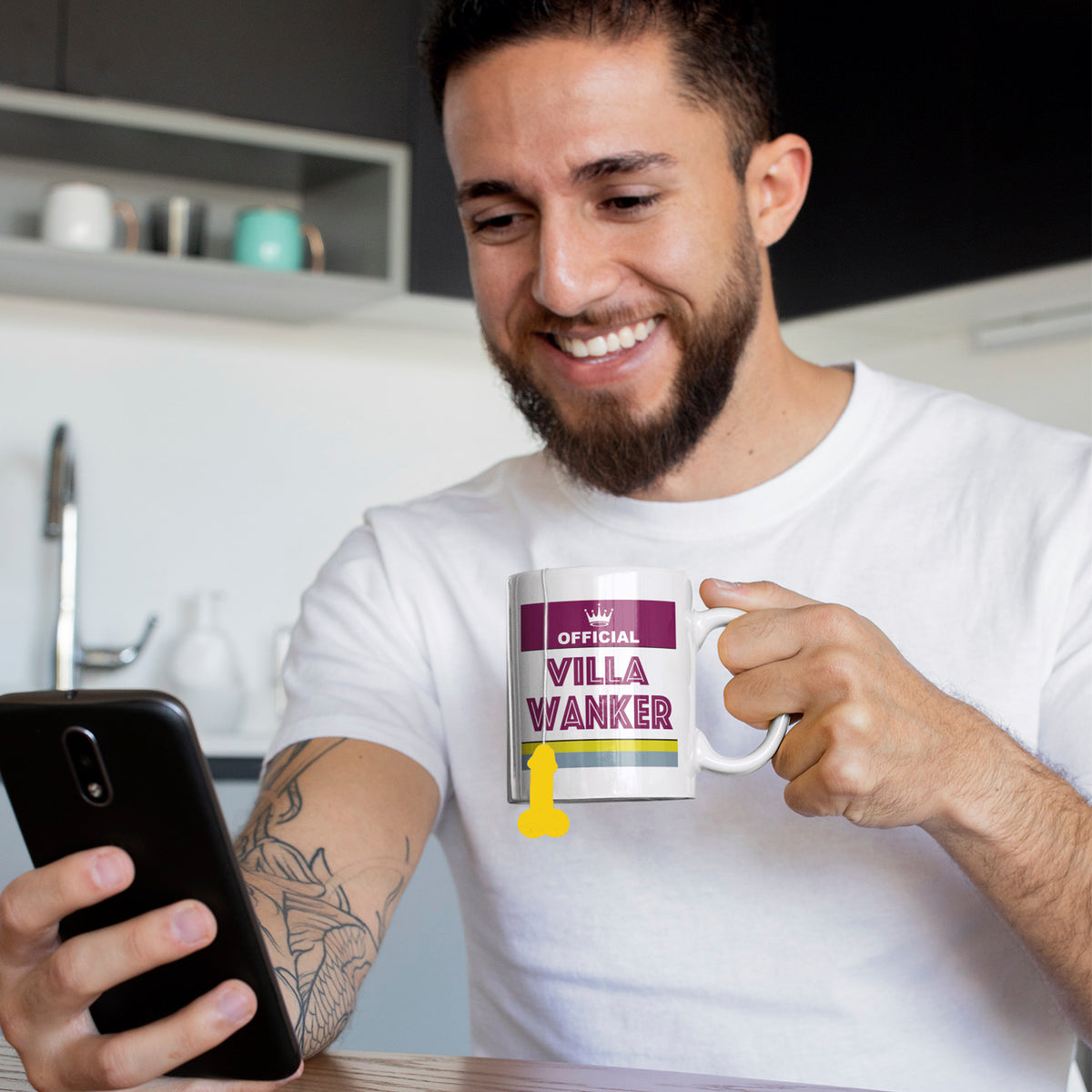 Selfie image of Aston Villa themed football mug used as a funny gift for Villa supporters