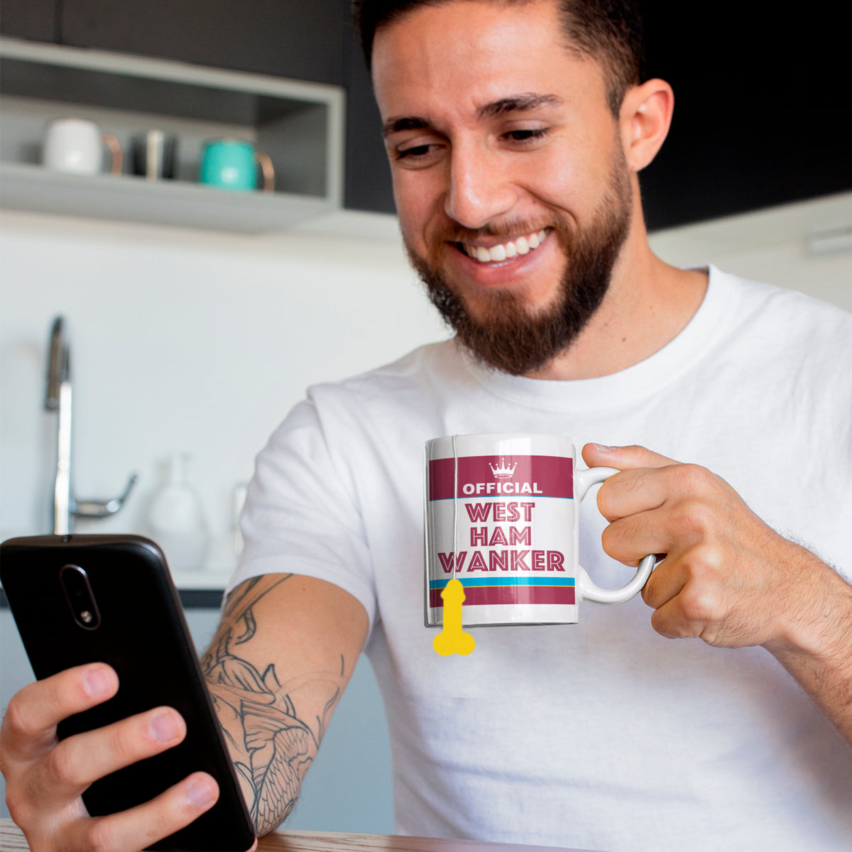 Lifestyle photo of Liverpool football fan mug used as a humorous gift for Reds supporters