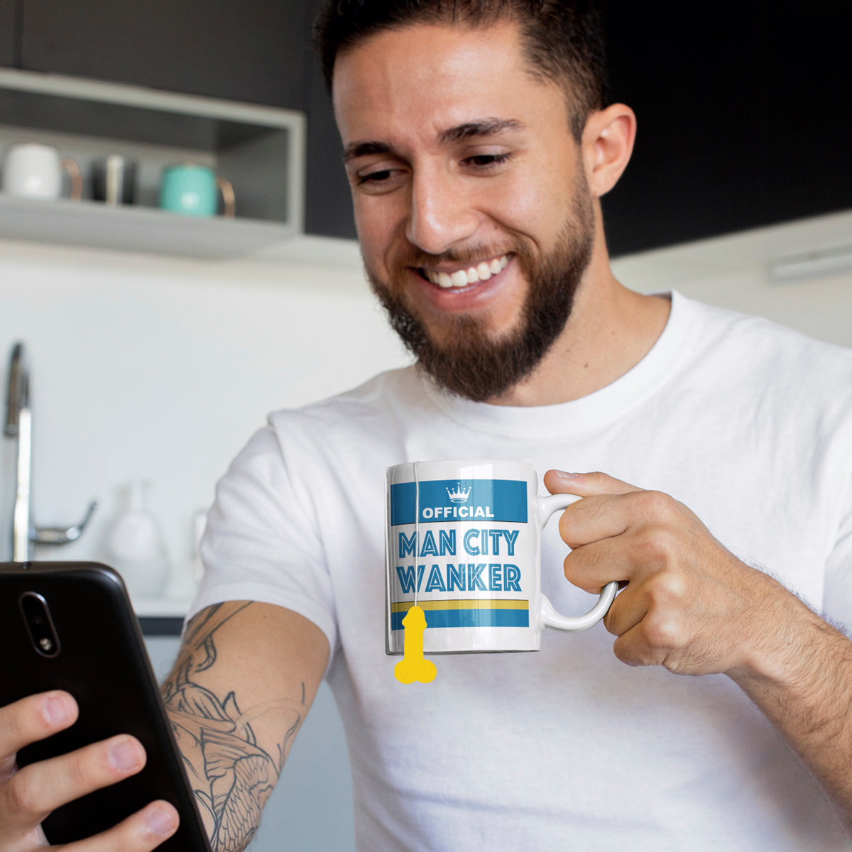 football rival team  selfie of Manchester City inspired football mug used as a funny gift for City fans