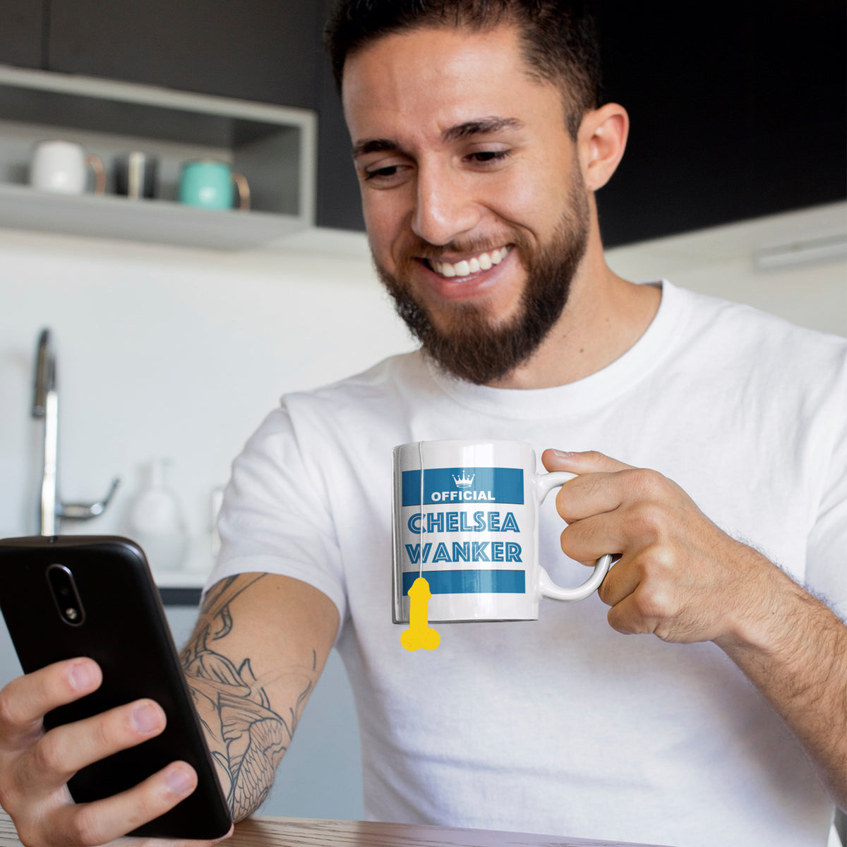 Lifestyle photo of Chelsea inspired football mug used as a funny selfie gift for Blues supporters