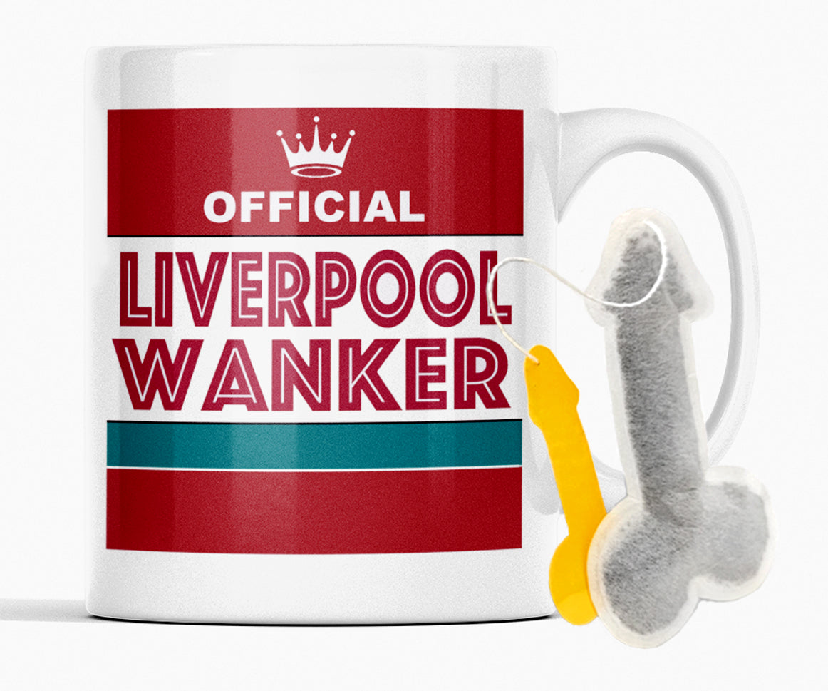 Front view of Liverpool themed football mug with novelty teabag gift included