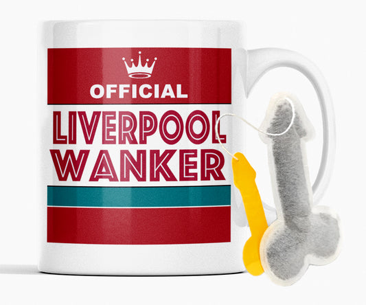 Front view of Liverpool themed football mug with novelty teabag gift included