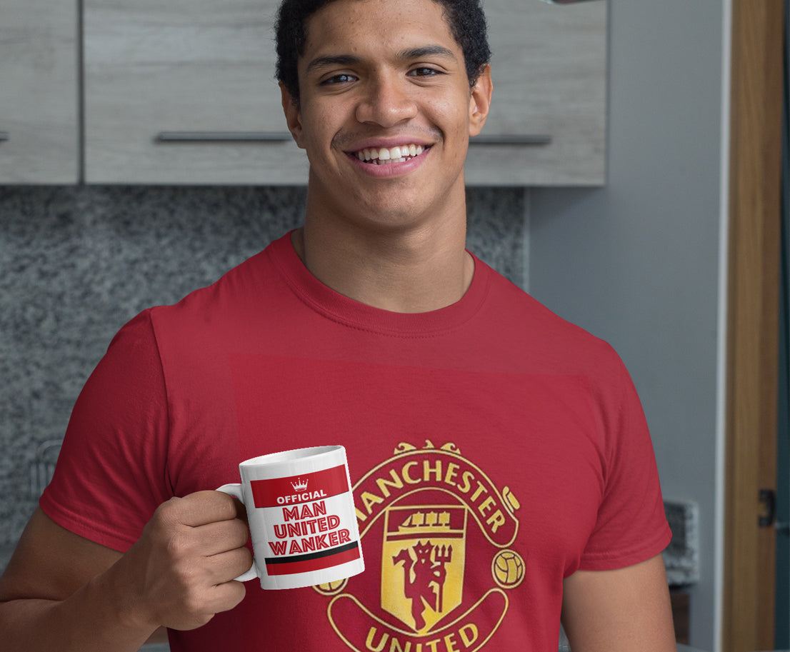 Overhead styled photo of a Manchester United football fan mug – great match-day banter gift