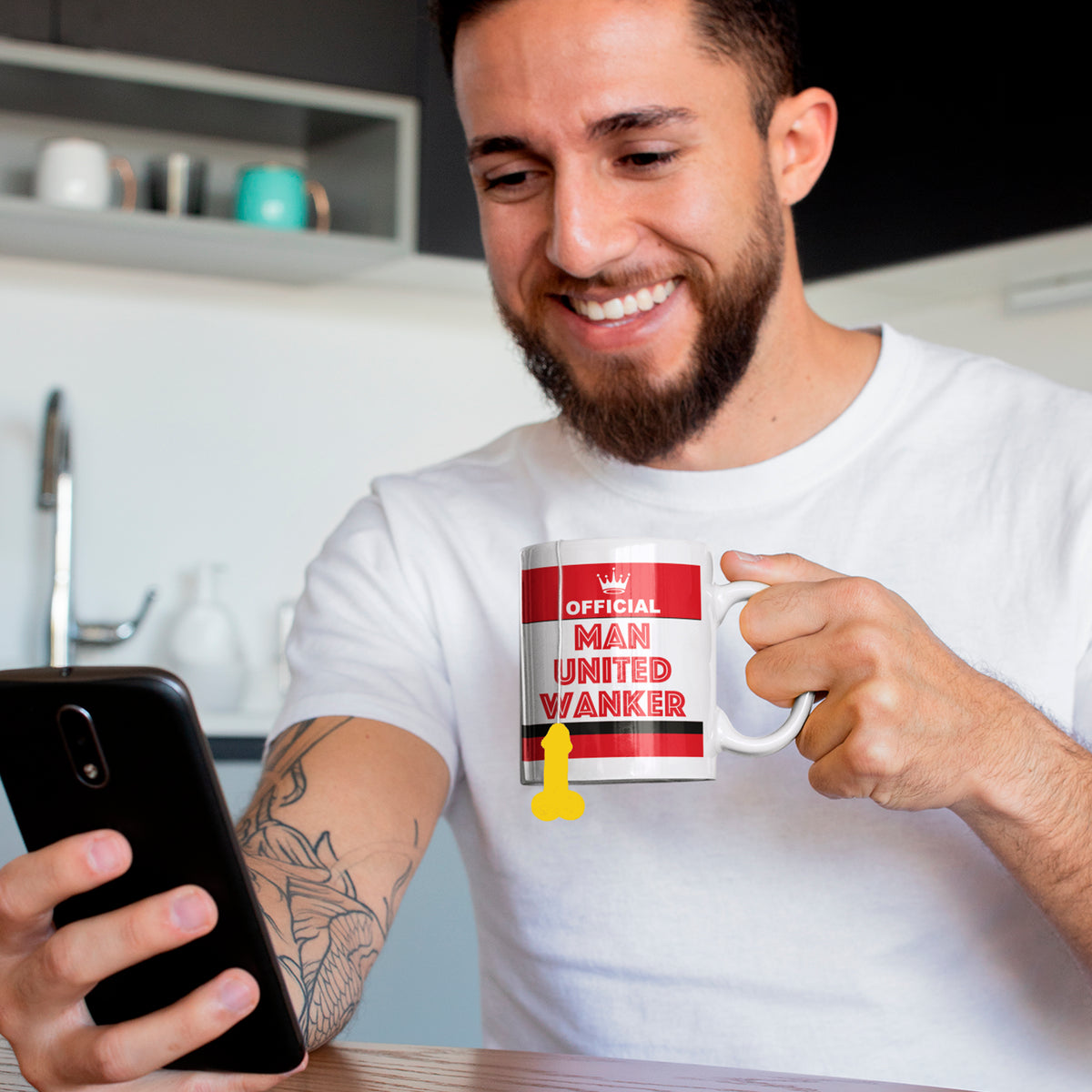 Close-up of Manchester United rivalry mug designed as a funny gift for football supporters