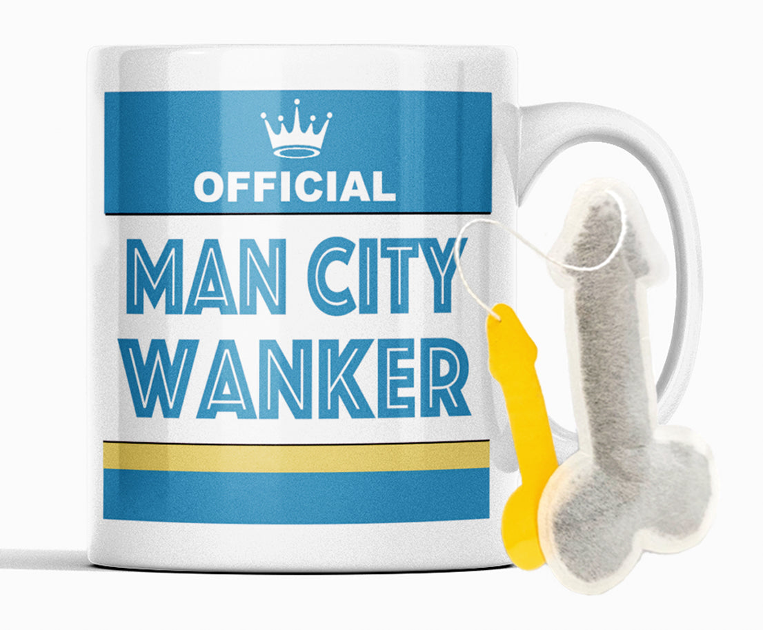 Rival mug view of sky-blue Manchester City themed football mug with novelty teabag gift