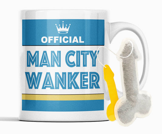 Rival mug view of sky-blue Manchester City themed football mug with novelty teabag gift