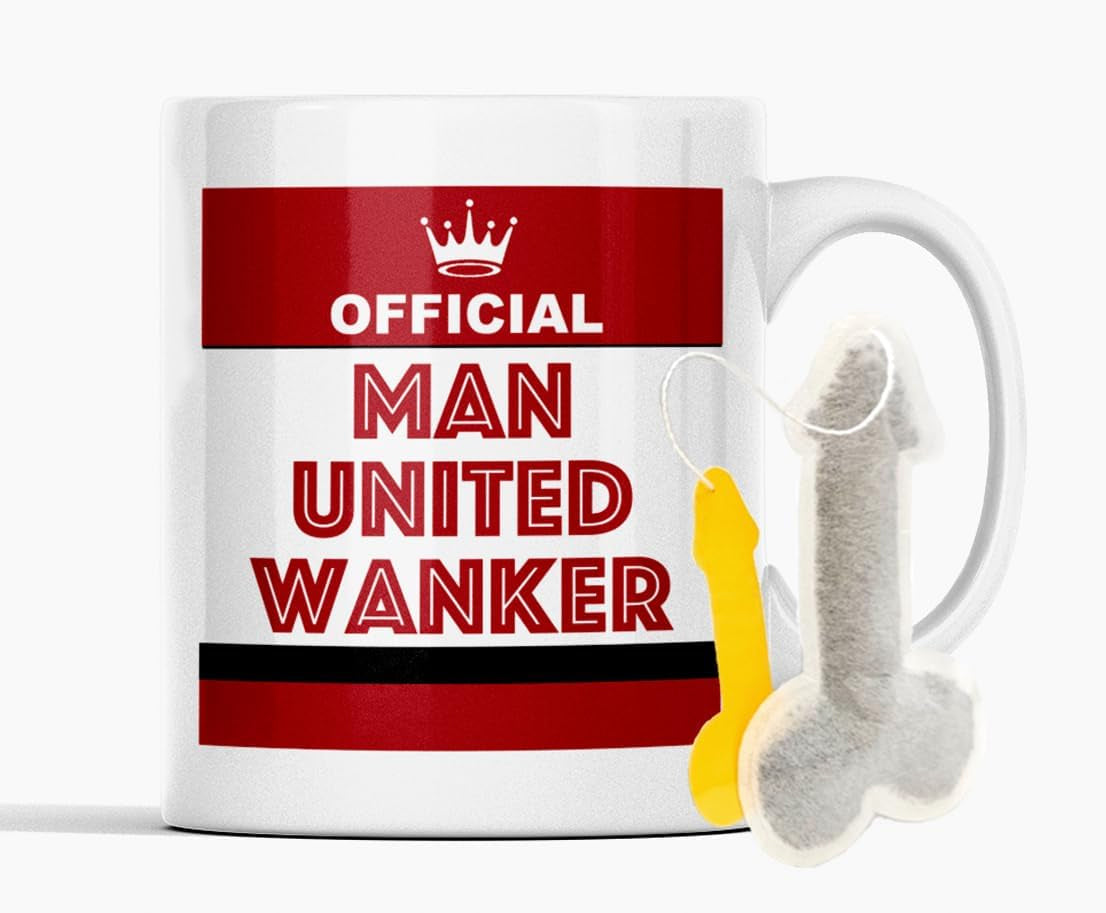Front view of Manchester United themed football rival mug with novelty teabag gift