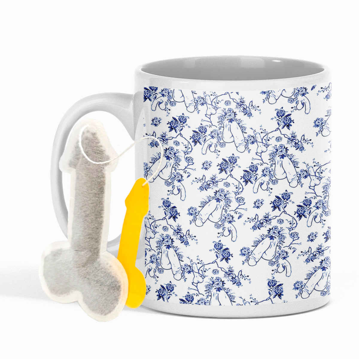 Funny rude mug with novelty dick teabag. Hidden floral penis pattern Mug. Unique gift idea for Secret Santa, hen parties, divorced friend support  and office prank joke.