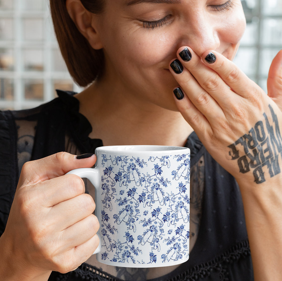 Funny floral penis pattern mug with novelty rude teabag. Hilarious adult  hidden surprise gift for Secret Santa, hen parties and office pranks. Subtle hidden penis design, rude traditional style willow pattern mug gift set